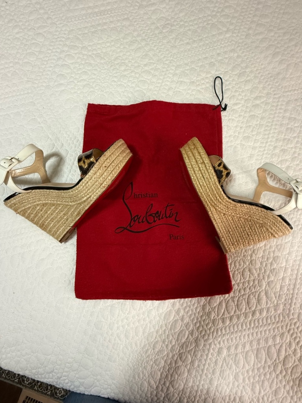 Christian Louboutin White Leather and Leopard Espadrille Wedge Sandals